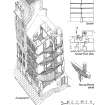 RCAHMS Survey drawing-Axonometric View; Section; Second Floor Plan; and Post-and- beam detail
u.s.   u.d.