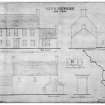 Plan of farmhouse.  N, S and E elevations of farmhouse.  Elevation of farmhouse doorway.  Doorway mouldings.