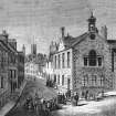 General view.
Inscribed at top: "High Street and Town Hall of Brechin".
Inscribed at bottom: "Church Street, Having Mechanics' Hall in the Distance".