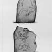 Incised Pictish symbol stones at Congash, numbered 1 and 2.
From J Stuart, The Sculptured Stones of Scotland, vol. ii, 1867, plate cvii.