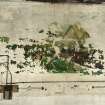 Scanned image of photograph showing farmyard scene painted onto the wall, badly damaged
