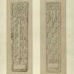 Original drawings for plate LXXIV, Sculptured Monuments of Iona and the West Highlands by James Drummond.   Tapered grave-slab bearing at foliated cross a sword and a blank inscription panel.
Insc: 'Killean Aug -/69'.
Rectangular grave-slab bearing interlaced work, two pairs of facing animals, and a blank inscription panel above an illegable insription.
Insc: 'Killean Aug -/69'.