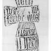 Rubbing of medieval cross, Strowan, showing inscription and shield.