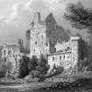 Scanned image of engraving showing Craigmillar Castle from South East
Original insc: 'Craigmillar Castle. South East View. Drawn by R.W.Billings. Engraved by J.Godfrey'