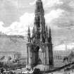Engraving showing view of Scott Monument, with the Mound and Edinburgh Castle in the background.