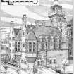 Scanned image of ink print of plan and elevation of Well Court Hall inscr; 'Club Room  Factor's House Water of Leith' taken from The British Architect.