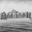 Scanned image of drawing showing church ruins from South.