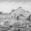 Scanned image of drawing showing church ruins from West.