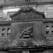 Montrave House, north elevation, detail of armorial panel and datestone, '1887', above porch.