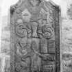 Scanned image of Grandtully, St Mary's  Chapel.
General view of gravestone with winged soulabove initials: 'AT HS', sock and coulter of the plough, heraldic device, and scene of Abraham and Isaac.