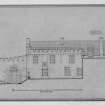 Scanned image of drawing showing key plan and E elevation of courtyard.