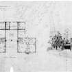 Cottage and garage.
Scanned image of drawing of sketch of ground floor plan and perspective.

