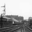View looking west across the rail track from the former Princes Street Station, Edinburgh towards Morrison Street signal box. Since demolished.