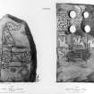 The Dunnichen symbol stone and Fordoun cross-slab.
From P Chalmers, 1848, The Ancient Sculptured Monuments of the County of Angus, plate xiv.