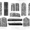 Illustrations of Aberlemno Roadside Pictish cross-slab, Glamis Manse Pictish cross-slab, Meigle Pictish cross-slabs 1 and 2, and Meigle Pictish sculptured stones, 9, 10, and 11.
From T Pennant, Tour in Scotland, 1772.