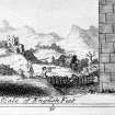 Detail of engraving of the Brechin and Abernethy round towers, depicting a surveyor at work.
From Alexander Gordon, Itinerarium Septentrionalis (1726).

