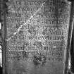 Glasgow, Carmunnock, Kirk Road, Carmunnock Parish Church.
View of East face of gravestone of William Gilmour's children.
Insc: 'Here Lies The bod=ys of Three children Belonging to John Gil=mour & Agnes Cum=ming. John Gilmour W=ho Died May 1775 aged 2 years & a half, Willi=am Gilmour Who Died Feb 1784 aged 5 years & a half, Jean Gilmour Who Died Septr. 1789 aged 5 Months'.
