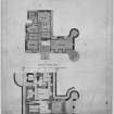 Scanned image of drawing showing basement and attic floor plans with additions for M K Angelo, Esq.
