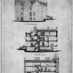 Scanned image of drawing showing elevation and sections with additions for M K Angelo.