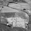 Oblique aerial view centred on cropmarks of geomorphological origin with the site of St Luke's Chapel and well at Clova adjacent, looking to the WNW.