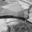 Oblique aerial view centred on the cropmarks of the unenclosed settlement, ring ditches, pits and rig with Stracathro Roman Fort and Temporary Camp adjacent at Smiddyhill and Inchbare, looking to the SSE.