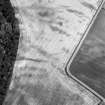 Oblique aerial view centred on the cropmarks of the pit defined cursus, unenclosed settlement, ring ditches, pits and rig with Stracathro Roman Temporary Camp adjacent at Inchbare North, looking to the ENE.
