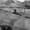 Oblique aerial view centred on the cropmarks of the enclosures, barrow, linear features, pits and rig with the farm adjacent at Gilrivie and Broomley, looking to the SE.