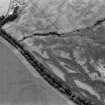 Oblique aerial view centred on the cropmarks of the round barrows, unenclosed settlement, souterrains, pits and rig at Auchenreoch, looking to the SSE.