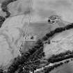 Oblique aerial view centred on the cropmarks of the Roman Temporary Camp, ring ditch and pits with Strathcathro Parish Church adjacent, looking to the SW.