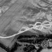 Oblique aerial view centred on the cropmarks of the enclosure and the former airfield at Brackla House, looking to the WNW.