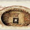 Watercolour drawing of McCole's Castle chambered cairn in 1907, showing chamber from back.