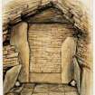 Scanned image of watercolour drawing of cairn interior - sketch of back of chamber.