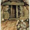 Scanned image of watercolour drawing of cairn interior showing chamber and burial.