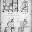Scanned image of drawing showing plan of foundations and cellars, plan of roof and longitudinal and cross sections.