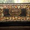 Ground floor, dining-room, detail of stained glass in bay window.