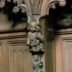 Interior view of the Thistle Chapel, Edinburgh, showing detail of carved angel playing violin, to west of main door.