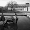 Nuffield Theatre. View of sculpture and pool.