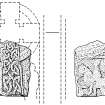 Scanned ink drawing of face and reverse of Pictish Cross-slab fragment, (St Vigeans no.17).