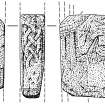 Scanned ink drawing of front, reverse and two sides of cross-slab fragment, (St Vigeans no.18).