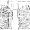 Scanned ink drawing of face and reverse of Pictish Cross-slab, (St Vigeans no.22 and St Vigeans no.23).