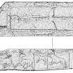 Scanned Ink survey drawing of top, side and end faces of grave-slab, (St Vigeans no.8).