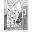 Illustration of Bakehouse Close from an etching by 'Mr. Basil Spence,  Edinburgh School'.