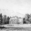 Photographic copy of pen and ink sketch showing house set in grounds, 1874