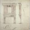 Front and side elevations, plan and details of proposed large fireplace in drawing room of Aberlour House.
