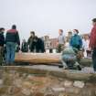'Loch Doon' logboat experimental reconstruction (at Scottish Fisheries Museum, Anstruther): spring 1992. Launch day: logboat on slipway.
