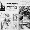 Photographic copy of cutting showing interior perspective view, details, plan and elevation.