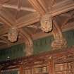 Library, interior, detail of carved wooden ceiling bosses.