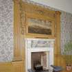 Craigiehall House, Edinburgh. Interior. Detail of white marble fireplace if Blue Room showing carved wooden surround.