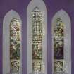Interior. Upper hall. Detail of Memorial stained glass windows to David Ballantine and Isabella Milne. Detail