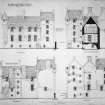 Photographic copy of a sheet of drawings for Kellie Castle by Lorimer: 'Front Elevation'; 'Section through Drawing Room'; 'North Elevation'; 'West Elevation'.